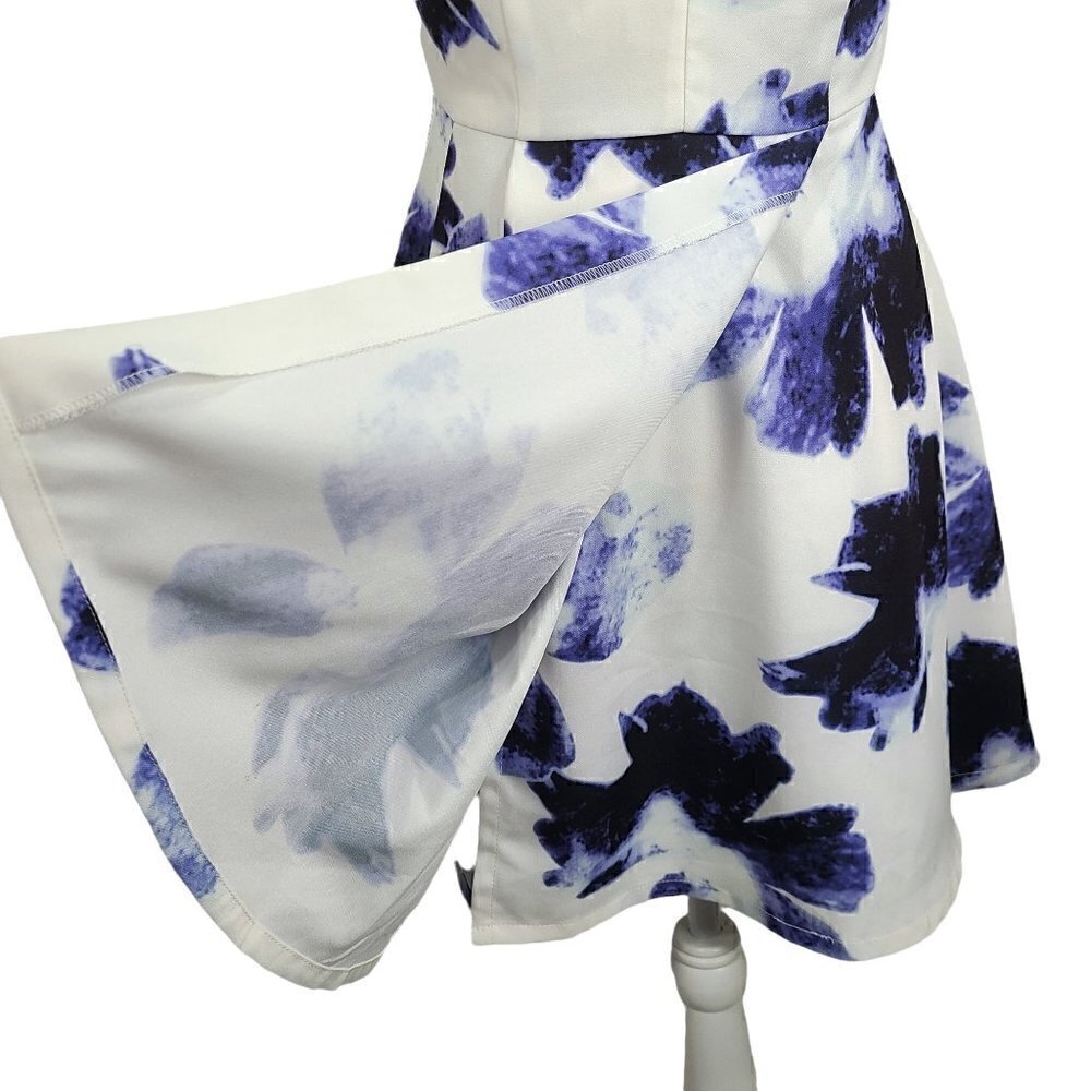 Lulu's White Blue Floral V Neck Sexy Back Mini Sleeveless Dress - Picture 3 of 8